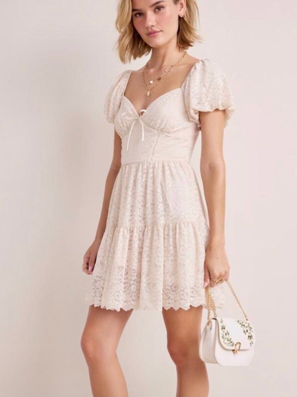 Francesca’s Kathy Lace Sweetheart Mini Dress in Cream. Sz S NWT 16” PTP